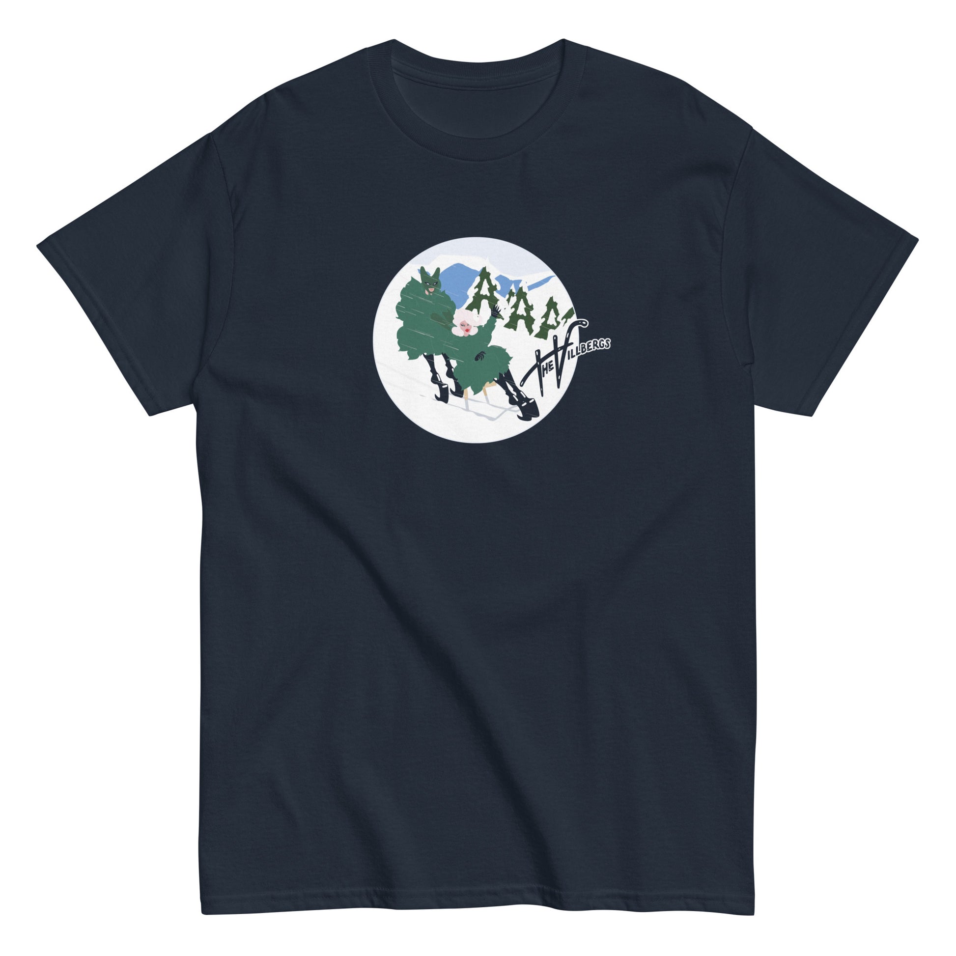 Navy T-shirt, flat view. With The Villbergs winter cartoon.