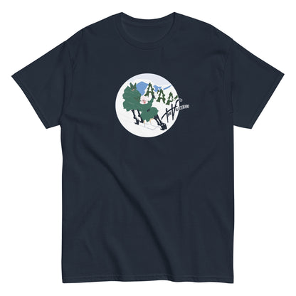 Navy T-shirt, flat view. With The Villbergs winter cartoon.