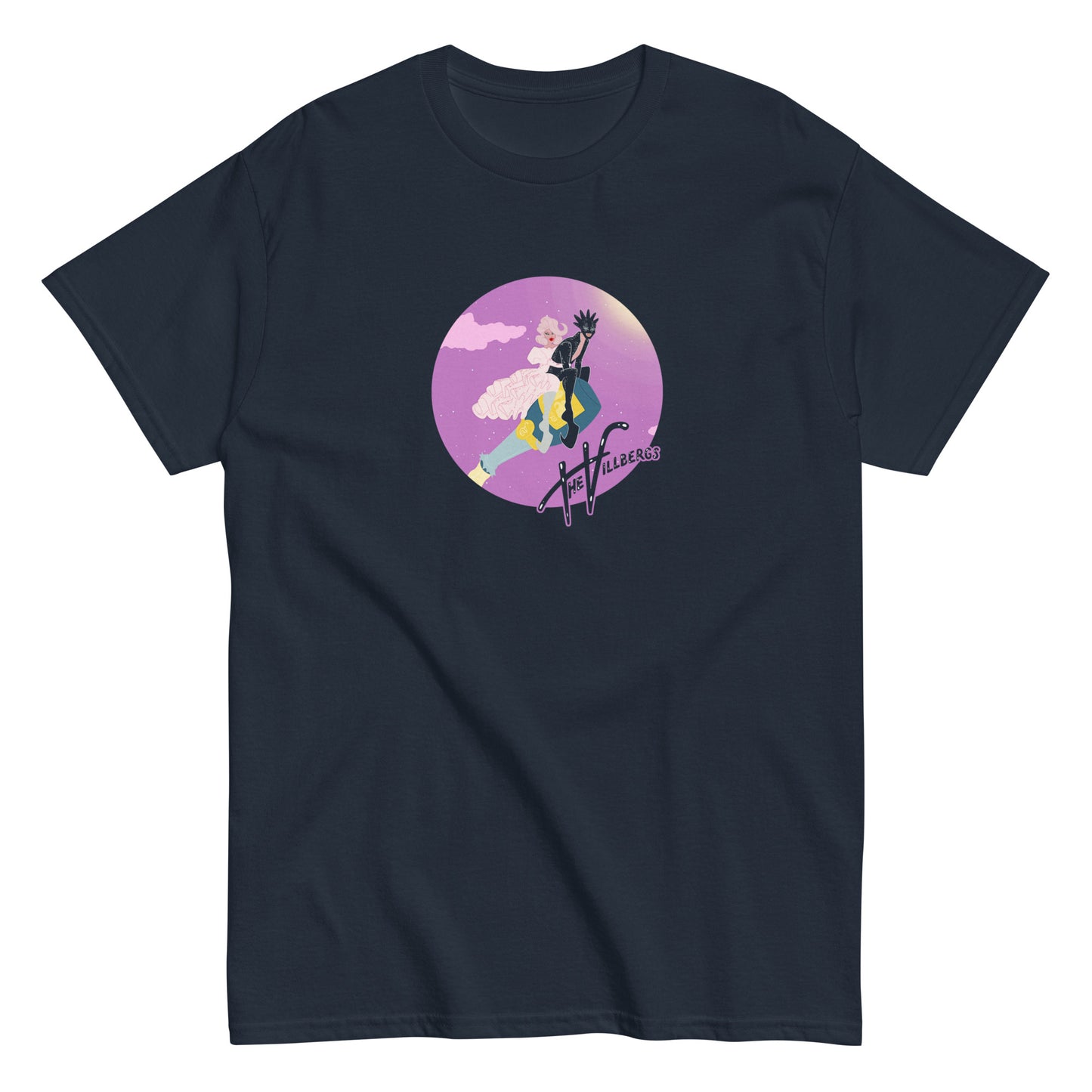 Navy tee flat view, with champagne bottle Villbergs.