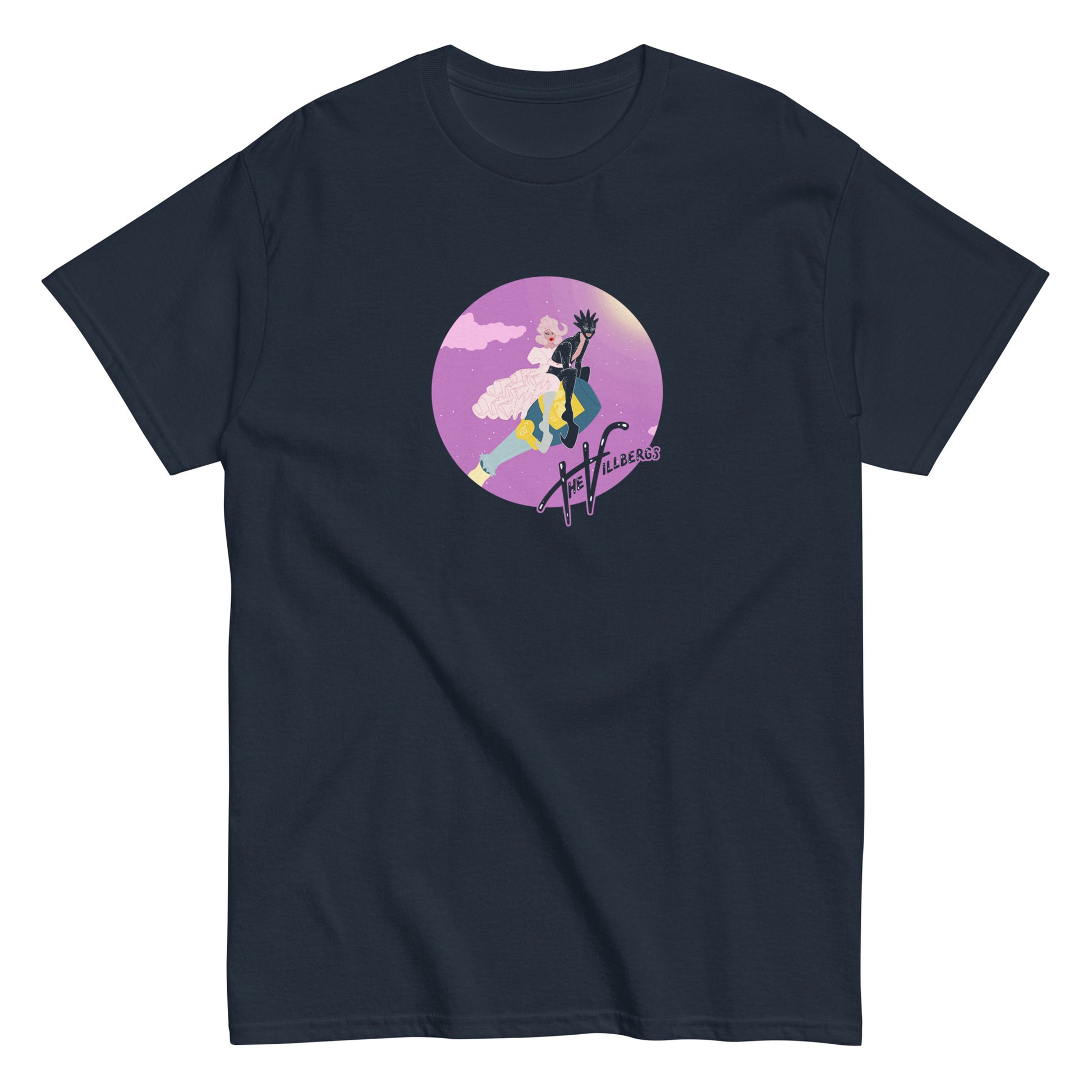 Navy tee flat view, with champagne bottle Villbergs.