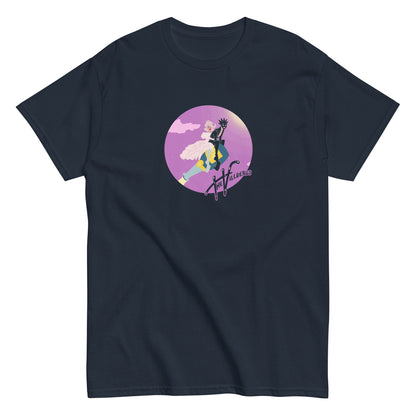 Navy tee flat view, with champagne bottle Villbergs.