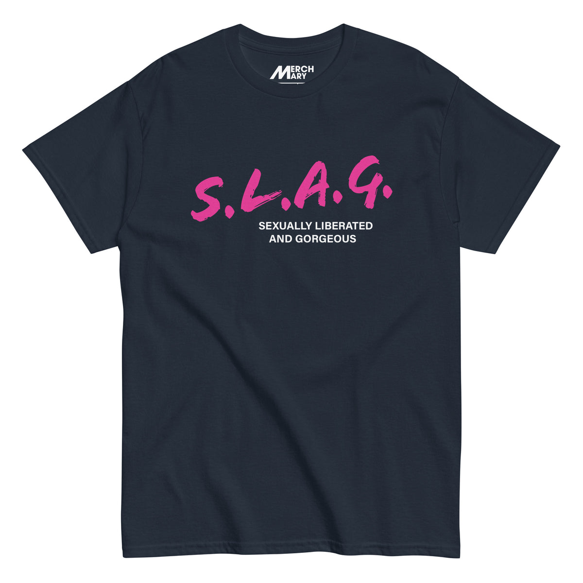 Navy blue Slag t-shirt, flat view.