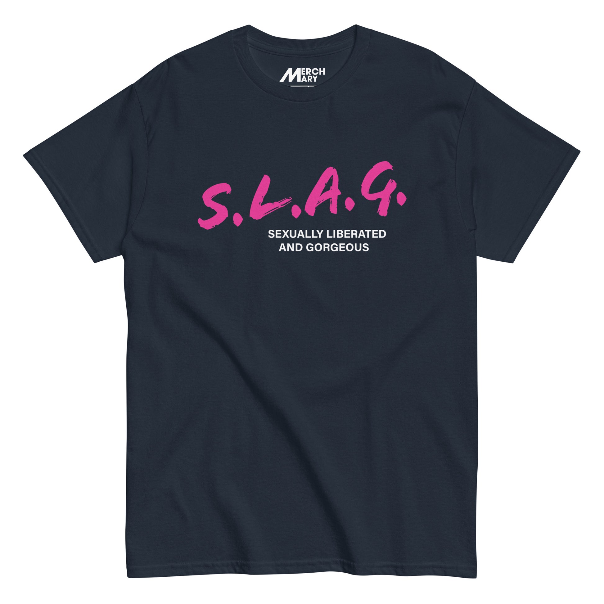 Navy blue Slag t-shirt, flat view.