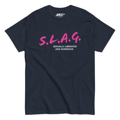 Navy blue Slag t-shirt, flat view.