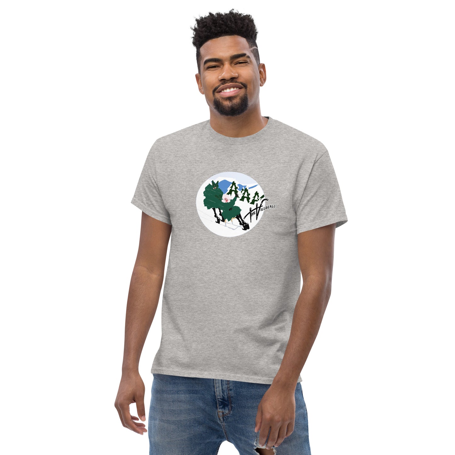 Male model in sport grey shirt, with the white, green, blue and black colored Villbergs winter cartoon.