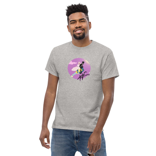 Purple-pink circle with cartoon Villbergs riding a popped champagne bottle. With The Villbergs wordmark, on sport grey tee.