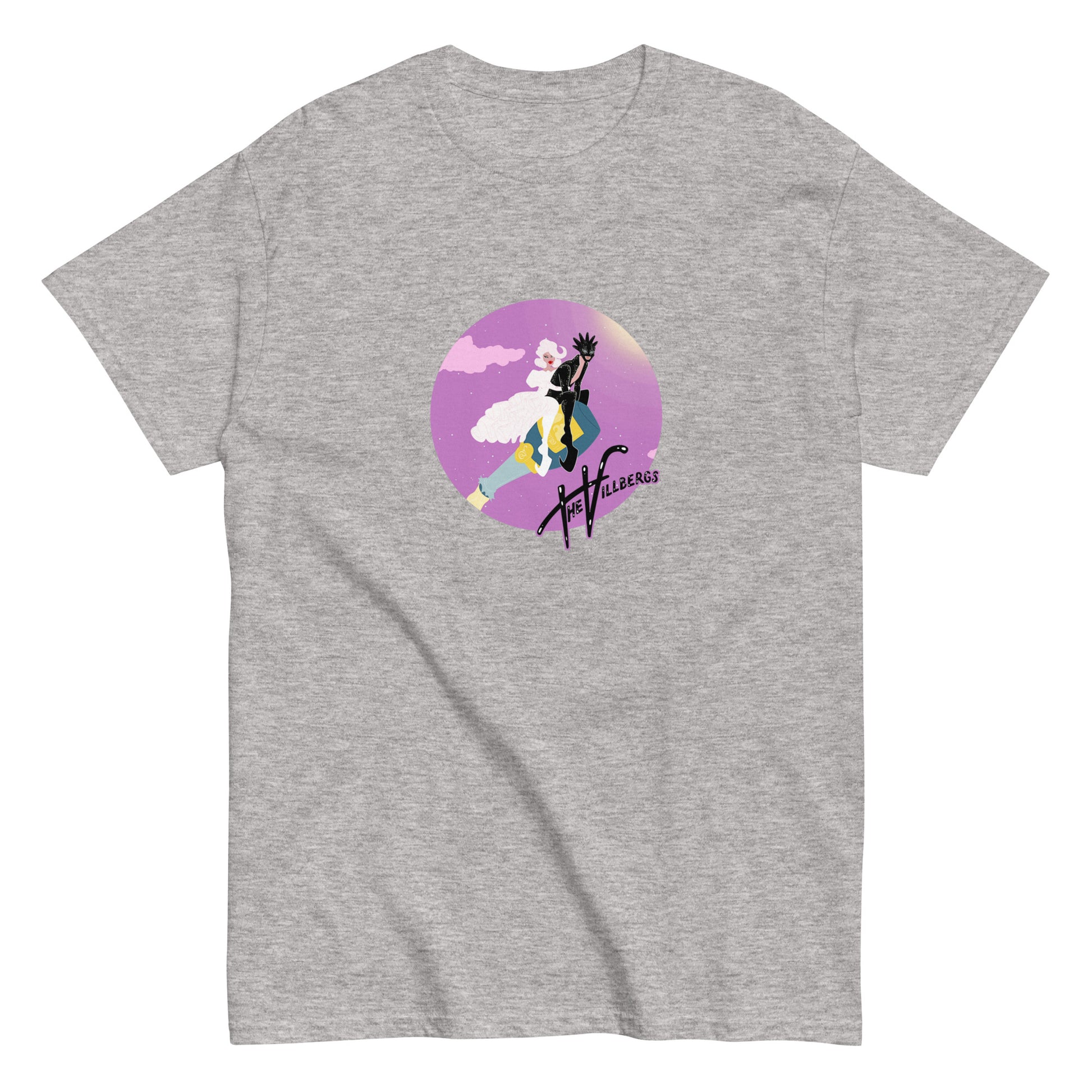Flat view of sport grey tee with Villbergs riding champagne bottle through purple-pink sky, inside circle.