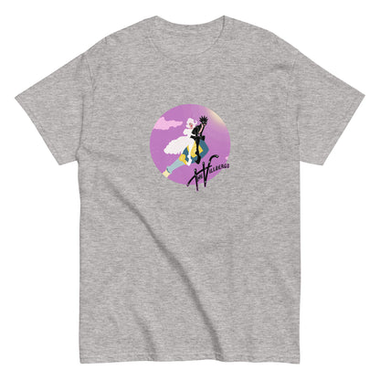 Flat view of sport grey tee with Villbergs riding champagne bottle through purple-pink sky, inside circle.
