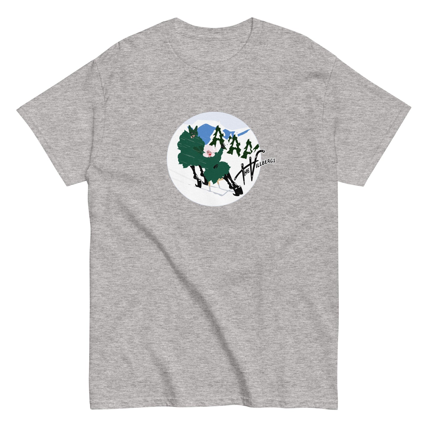 Grey T-shirt, flat view. With The Villbergs winter cartoon.