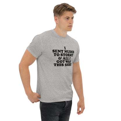 Sport grey shirt, black font, on male model.
