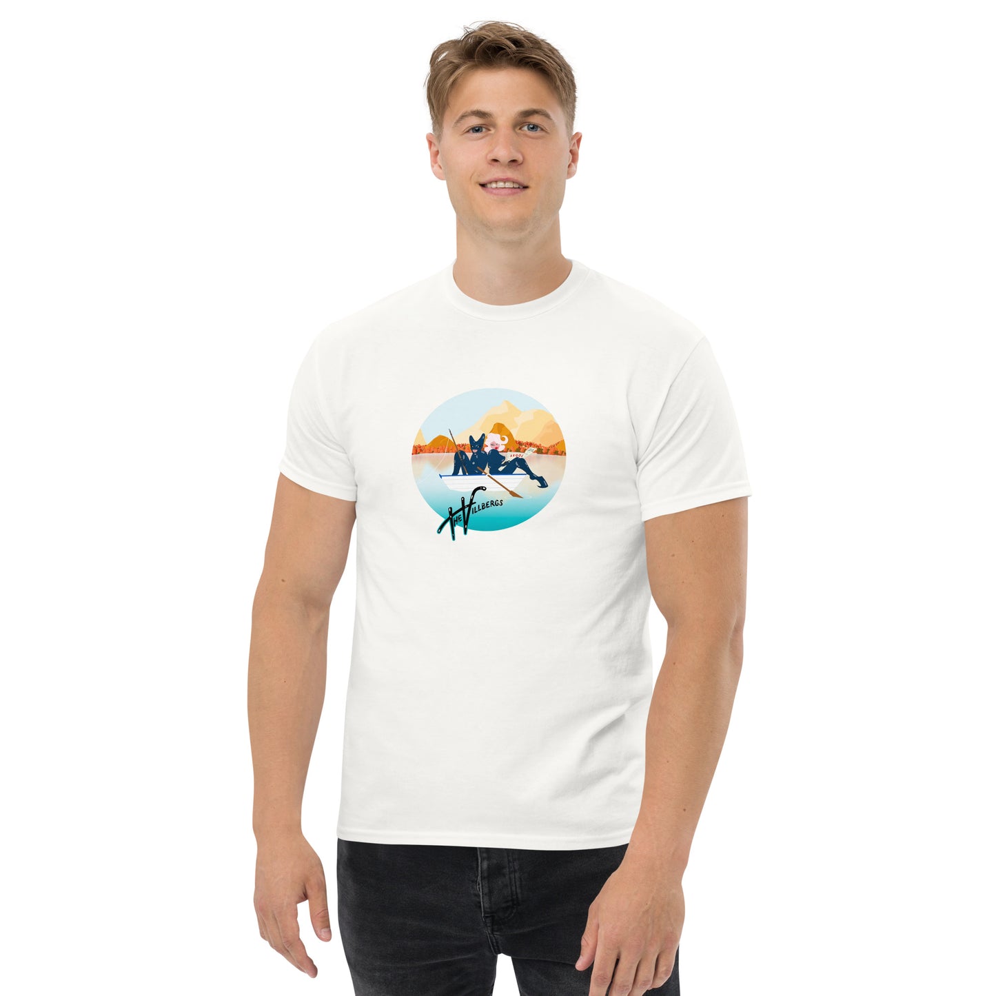 Male model in white tee, with cartoon Villbergs in a row boat.