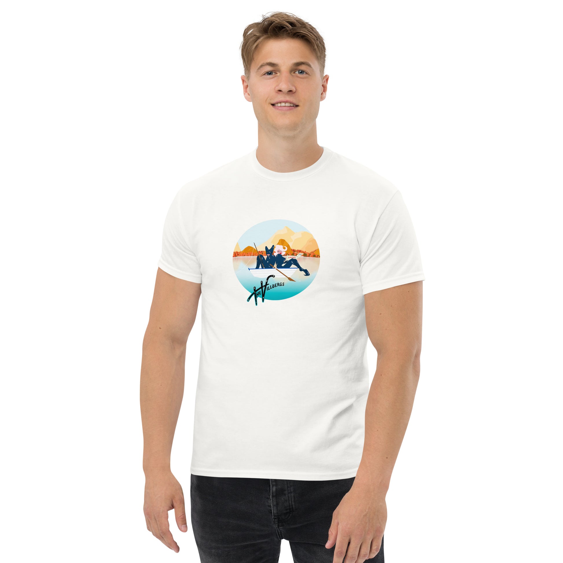 Male model in white tee, with cartoon Villbergs in a row boat.