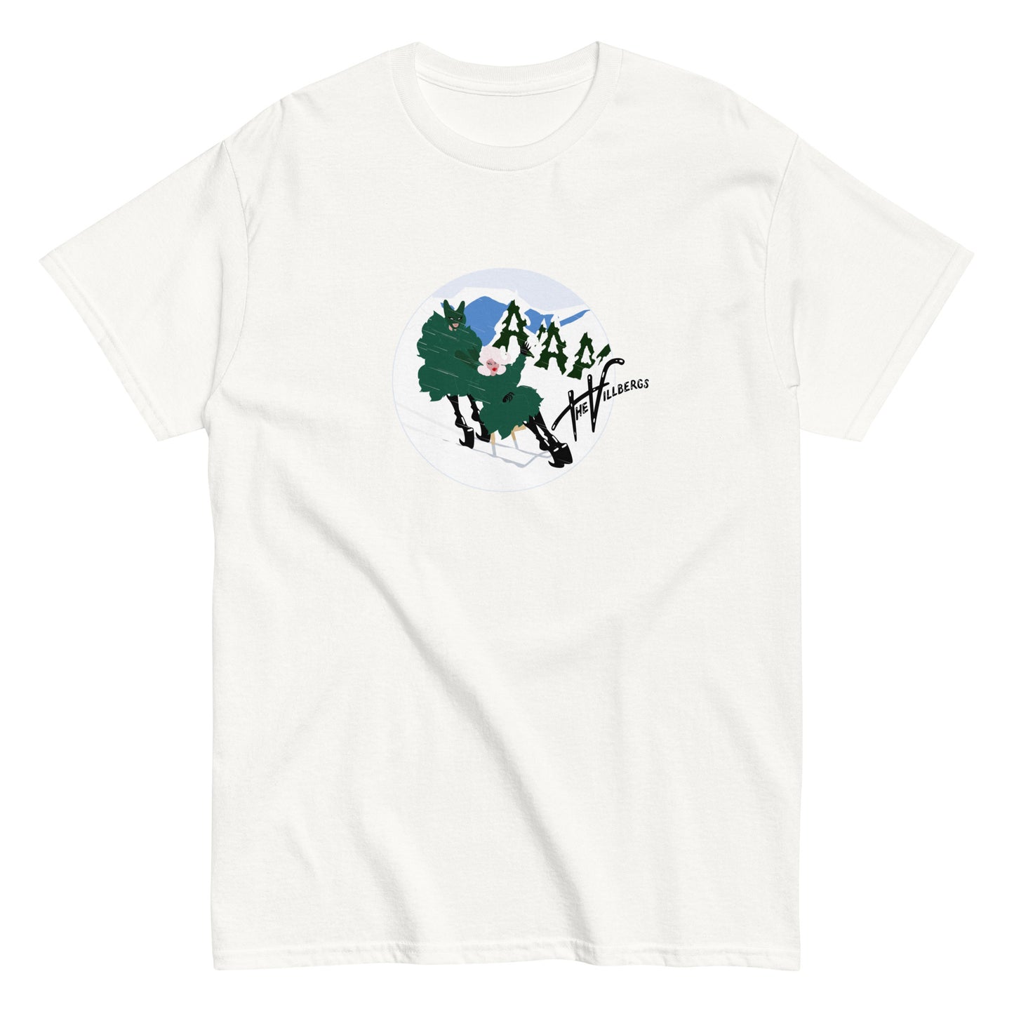 White T-shirt, flat view. The Villbergs circular winter cartoon of Mr pushing Mrs on a chair-ski.