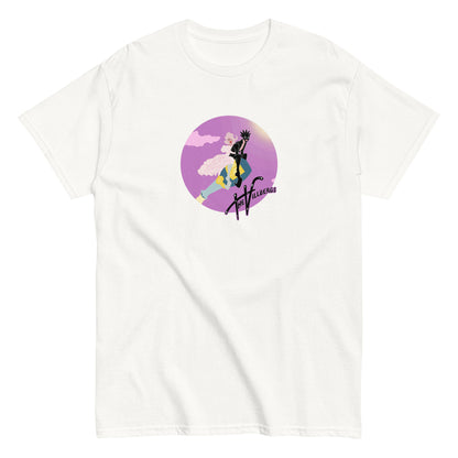 White tee flat view, with champagne bottle Villbergs.