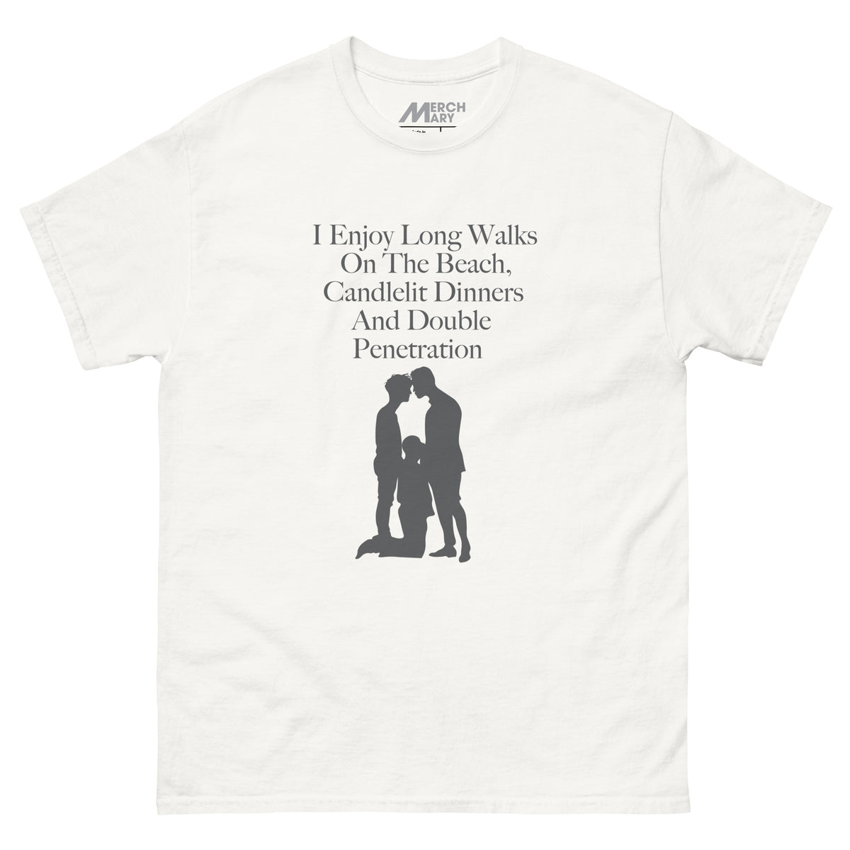 Long walks graphic, in dark grey, on white T-shirt. Flat view.
