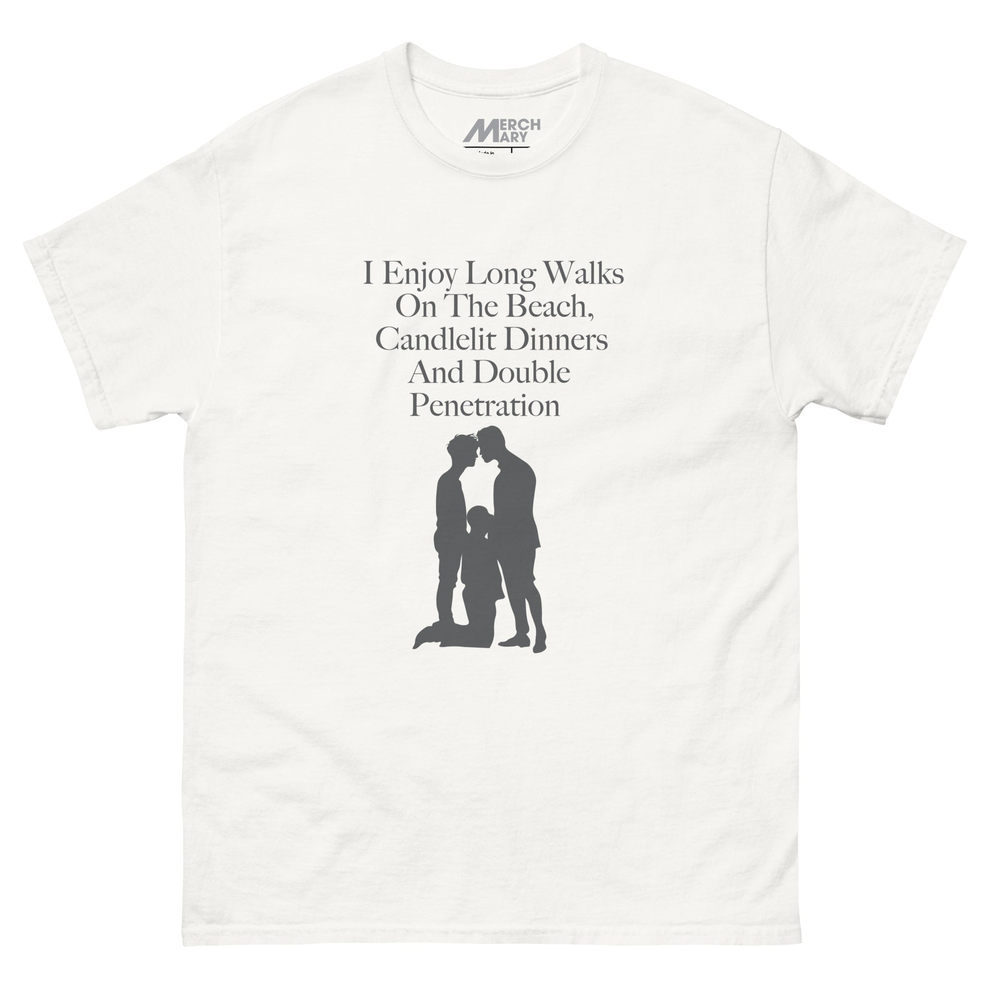 Long walks graphic, in dark grey, on white T-shirt. Flat view.