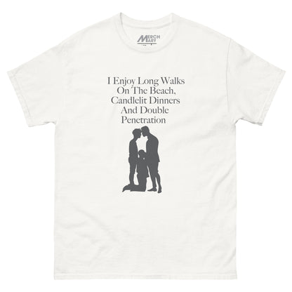 Long walks graphic, in dark grey, on white T-shirt. Flat view.