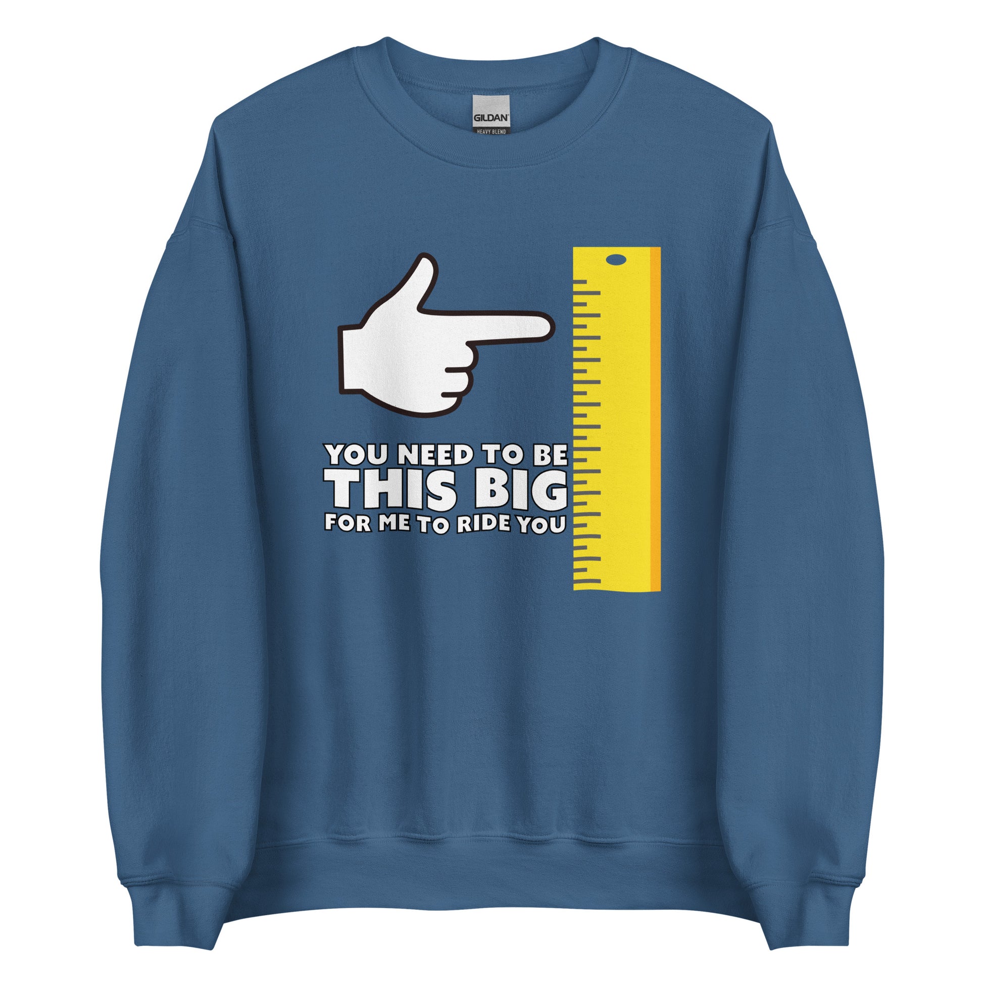 Indigo blue sweatshirt with graphic. Flat view.