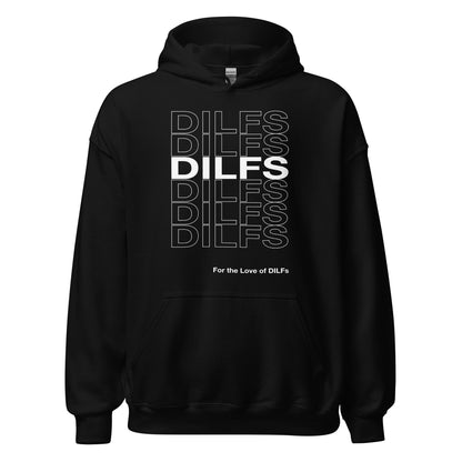 Black hoodie, Dilfs repeat graphic in white.