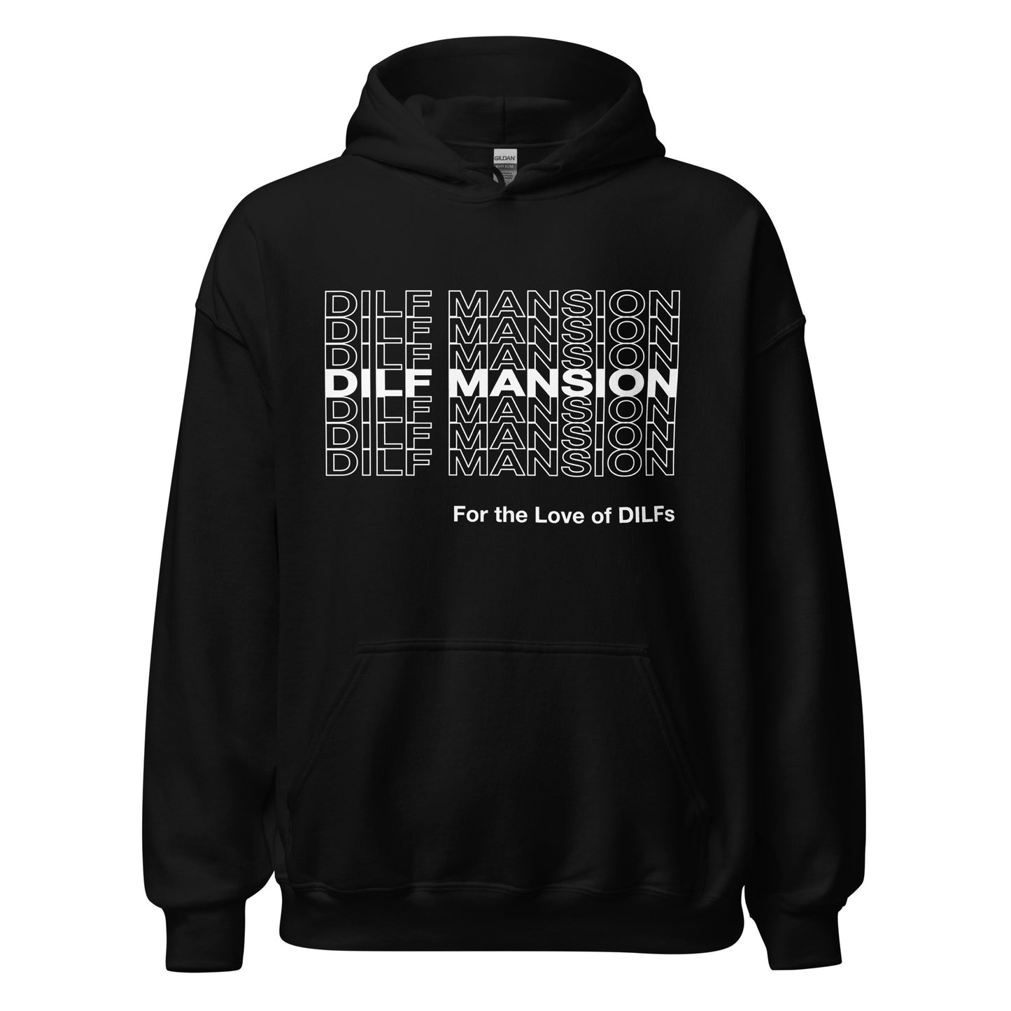 Black hoodie, Dilf Mansion repeat graphic in white.