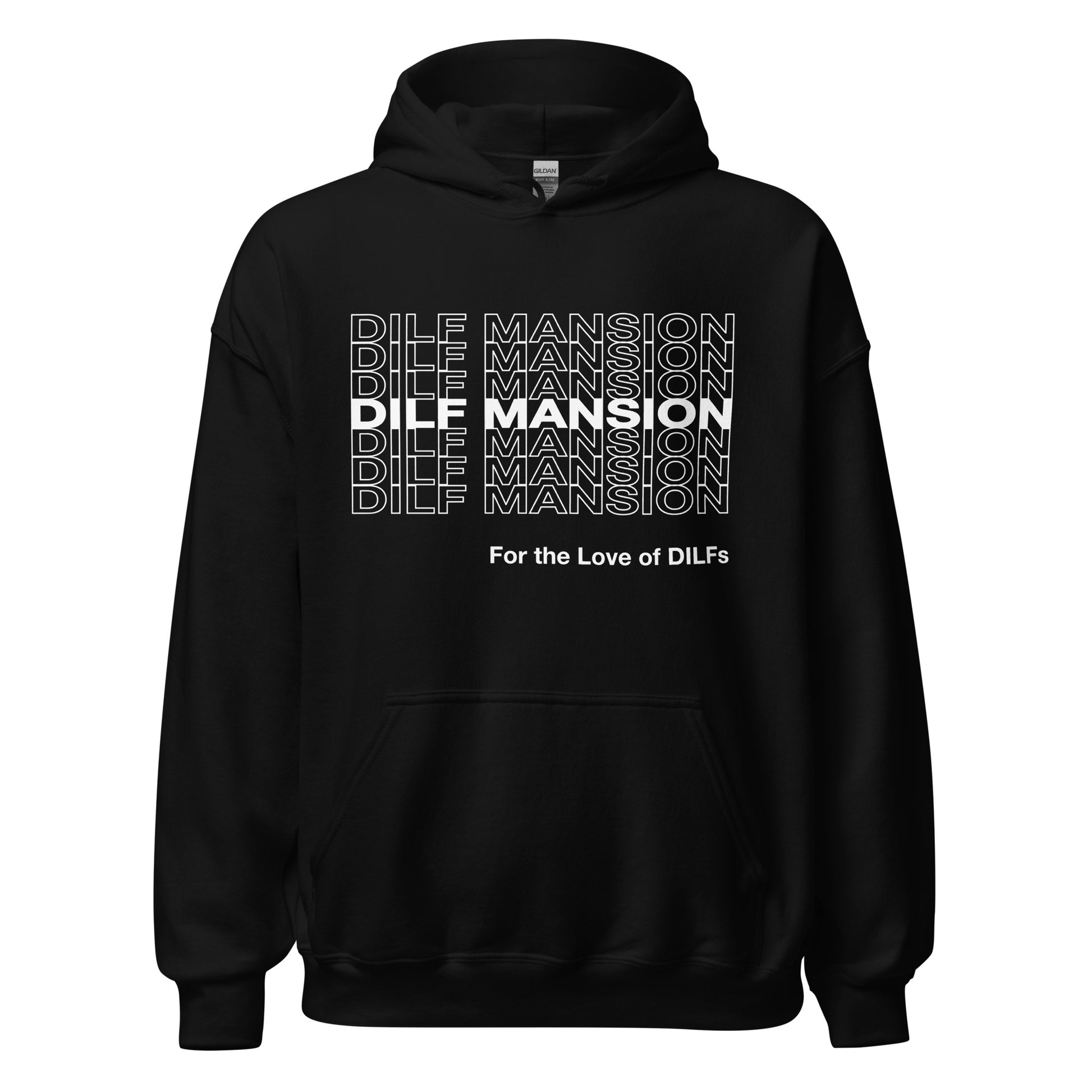 Black hoodie, Dilf Mansion repeat graphic in white.