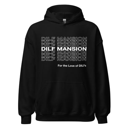 Black hoodie, Dilf Mansion repeat graphic in white.
