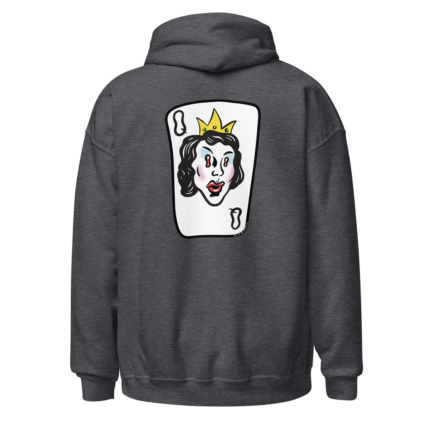 Dark heather graphic hoodie, back.