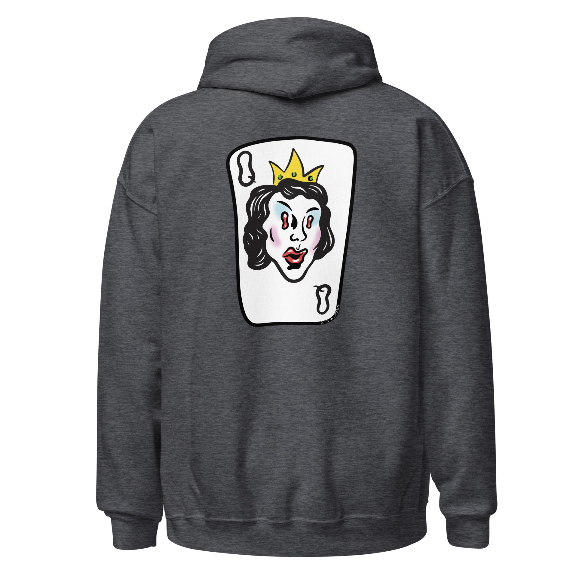 Dark heather graphic hoodie, back.