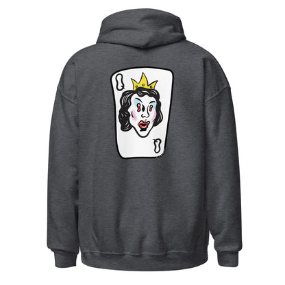 Dark heather graphic hoodie, back.