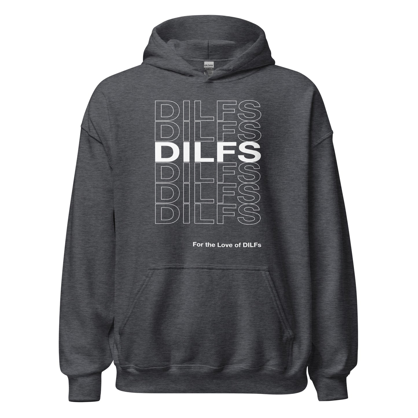 Dark Heather hoodie, Dilfs repeat graphic in white.