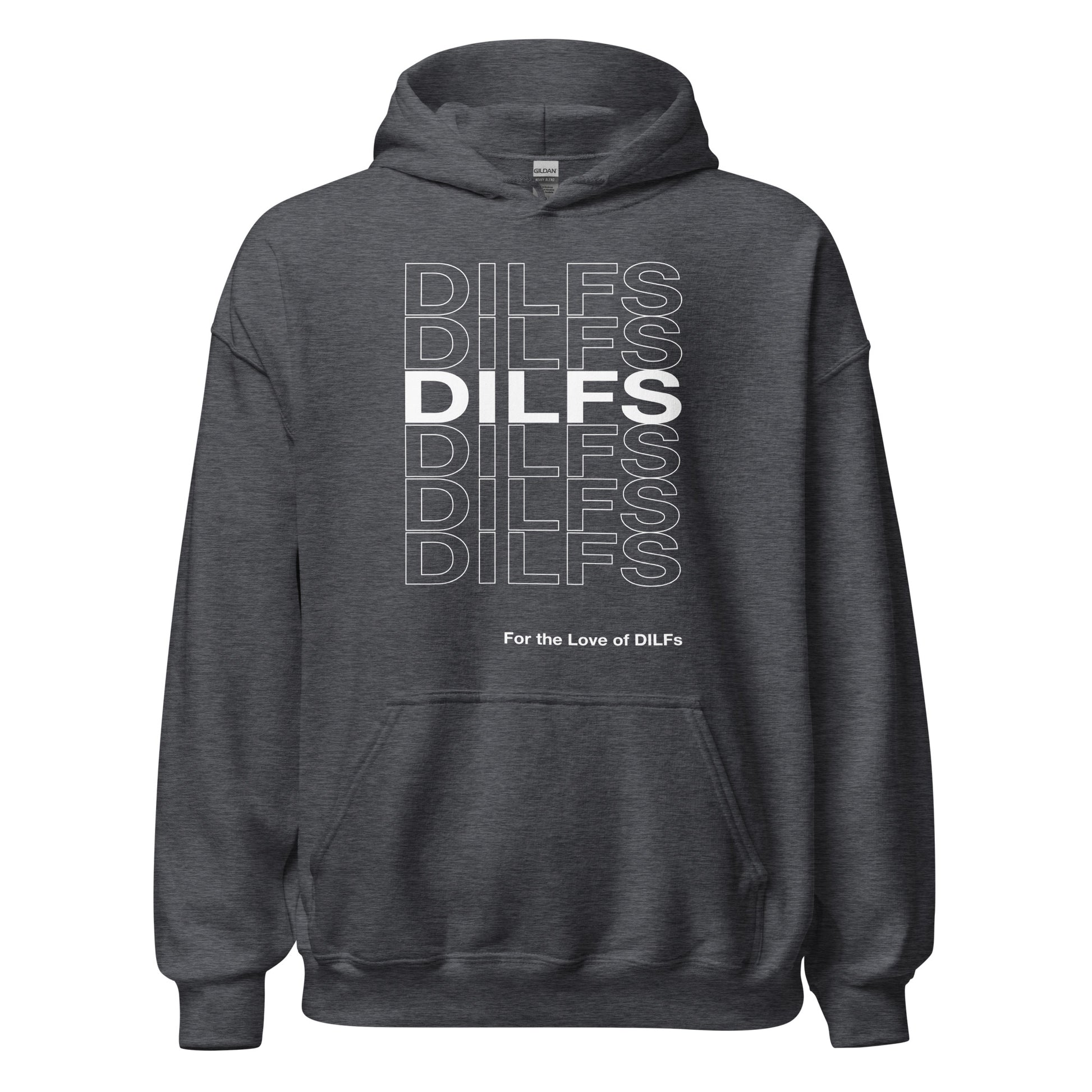 Dark Heather hoodie, Dilfs repeat graphic in white.