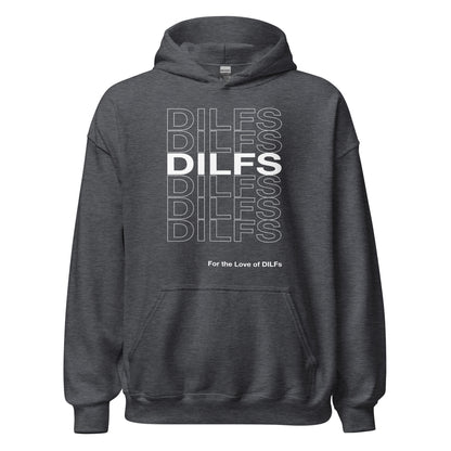 Dark Heather hoodie, Dilfs repeat graphic in white.