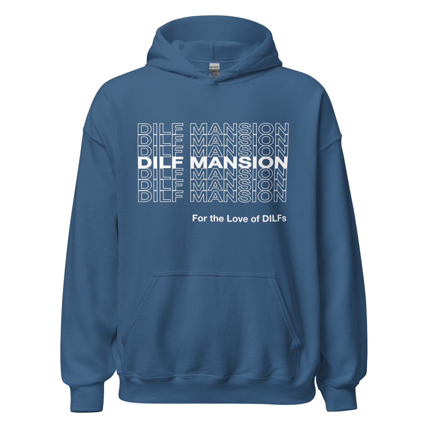 Indigo blue hoodie, Dilf Mansion repeat graphic in white.