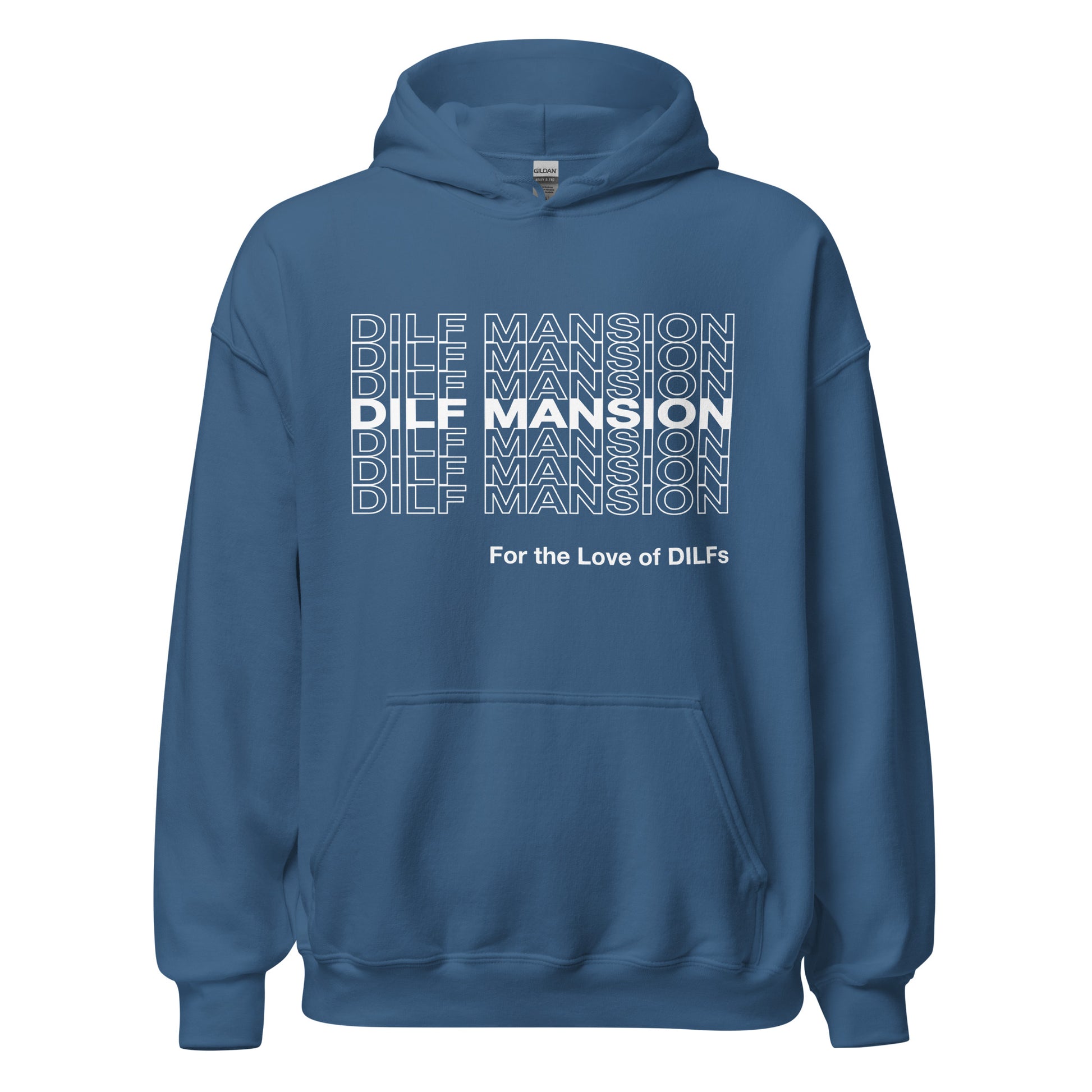 Indigo blue hoodie, Dilf Mansion repeat graphic in white.