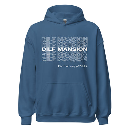 Indigo blue hoodie, Dilf Mansion repeat graphic in white.