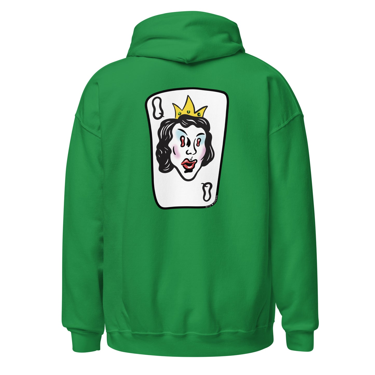 Green hoodie back view, with queen card.