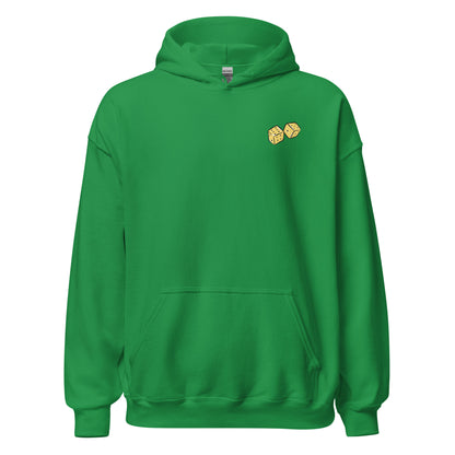 Green hoodie front view, with dice.