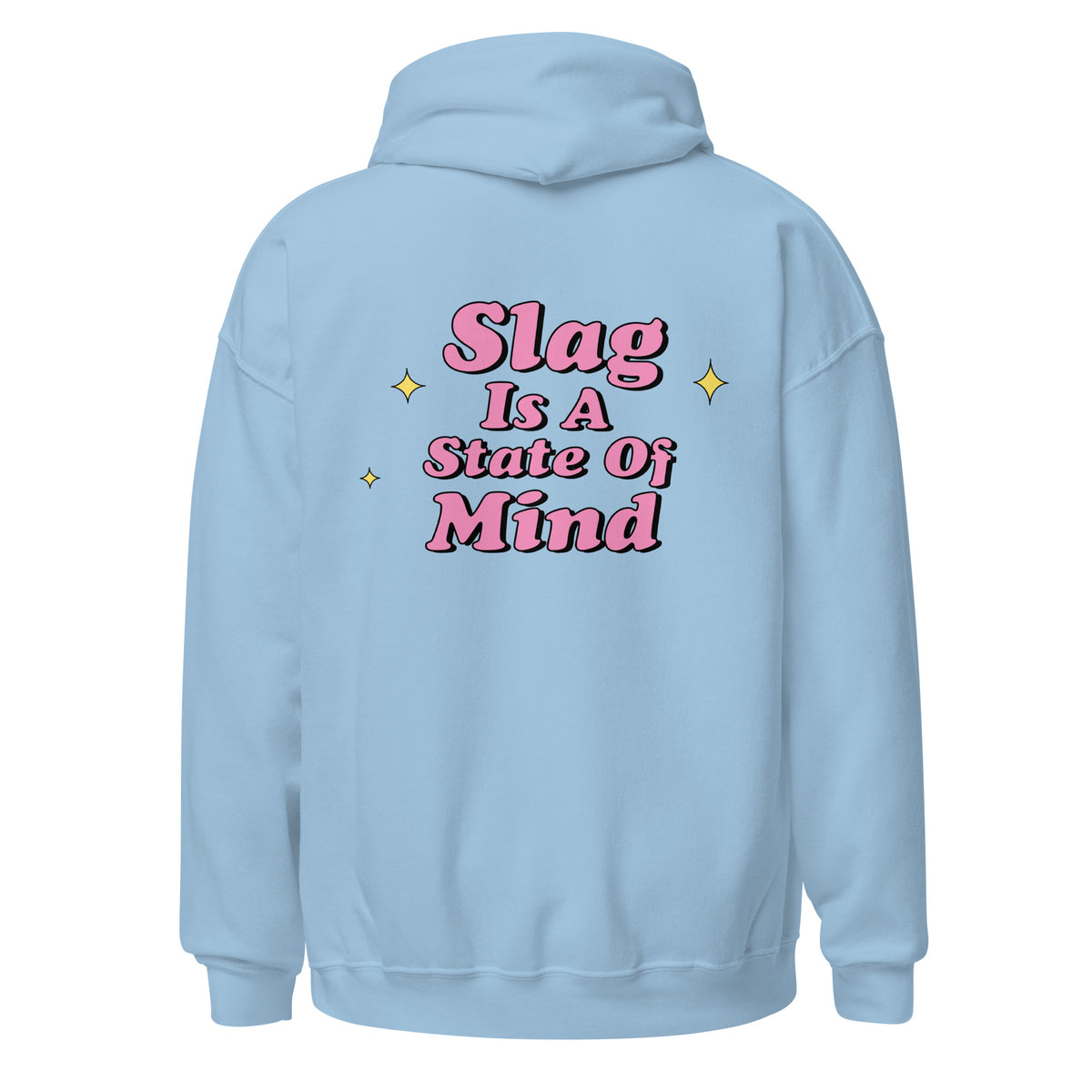 Light blue hoodie with Slag graphic, back view.
