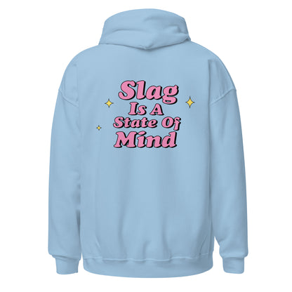 Light blue hoodie with Slag graphic, back view.