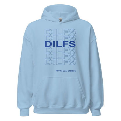 Light blue hoodie, Dilfs repeat graphic in blue.