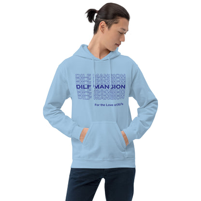 Repeating pattern of words Dilf Mansion in all caps with For the Love of Dilfs below it in blue on a light blue hoodie.