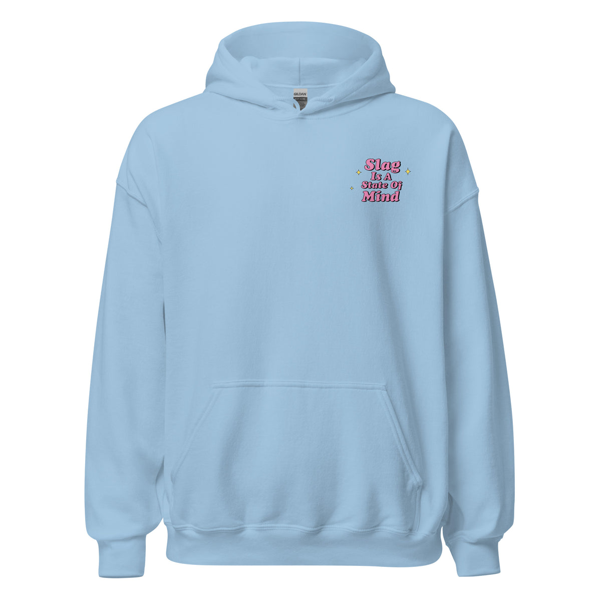 Light blue hoodie front, small Slag graphic on left chest.