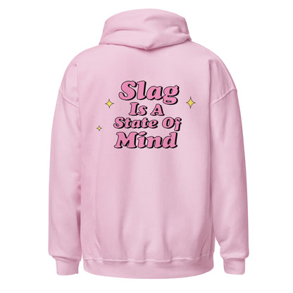 Pink hoodie with Slag graphic, back view.