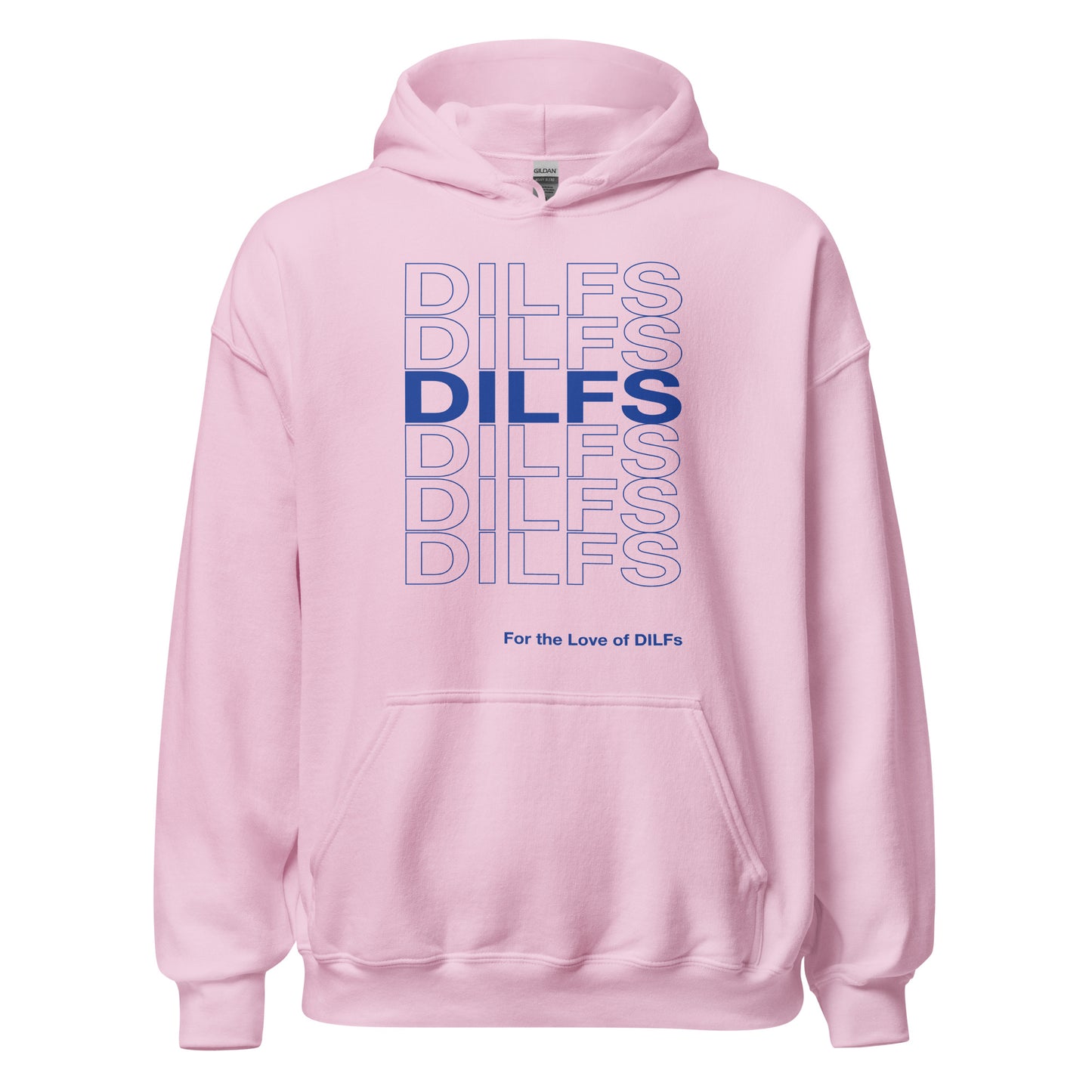 Pink hoodie, Dilfs repeat graphic in blue.