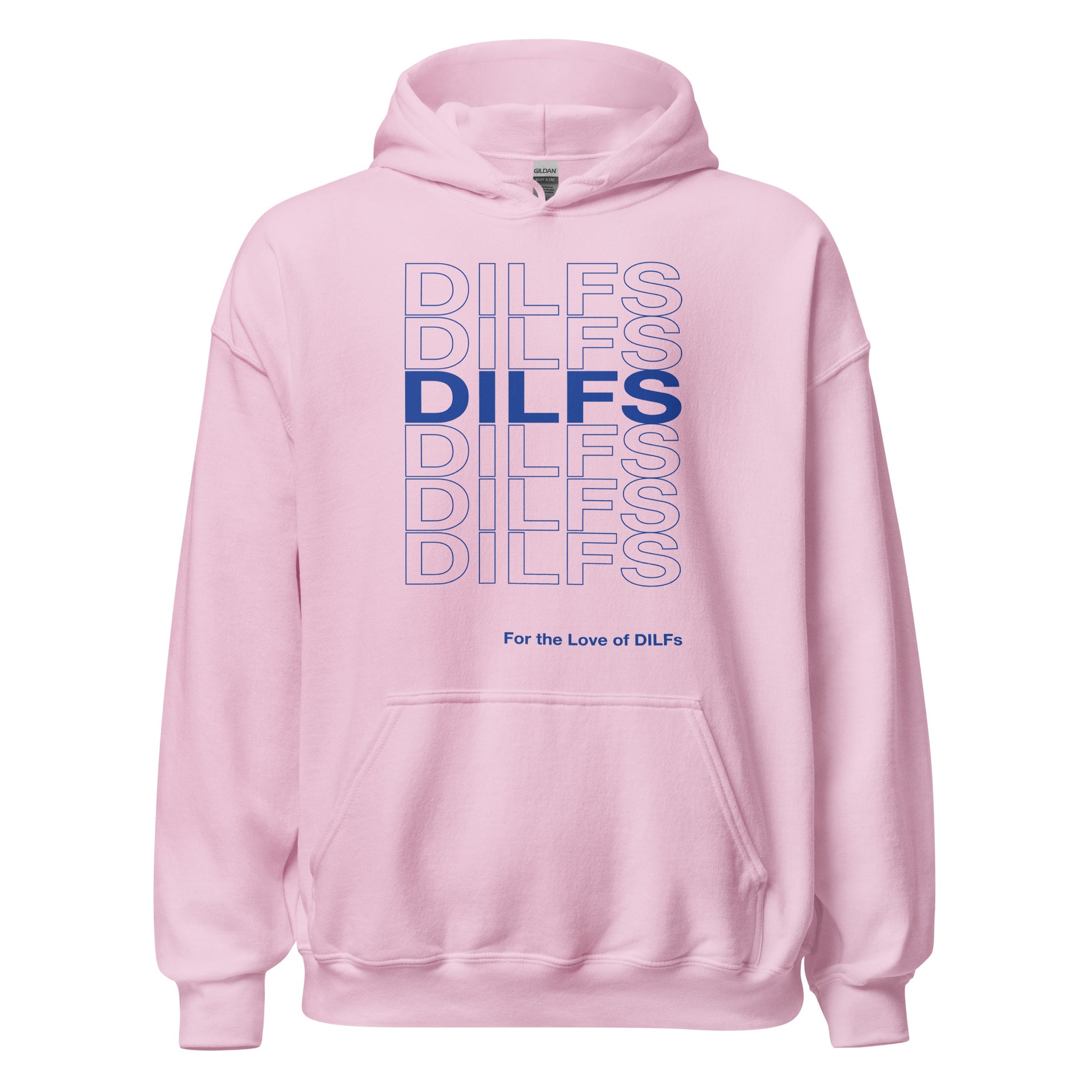 Pink hoodie, Dilfs repeat graphic in blue.