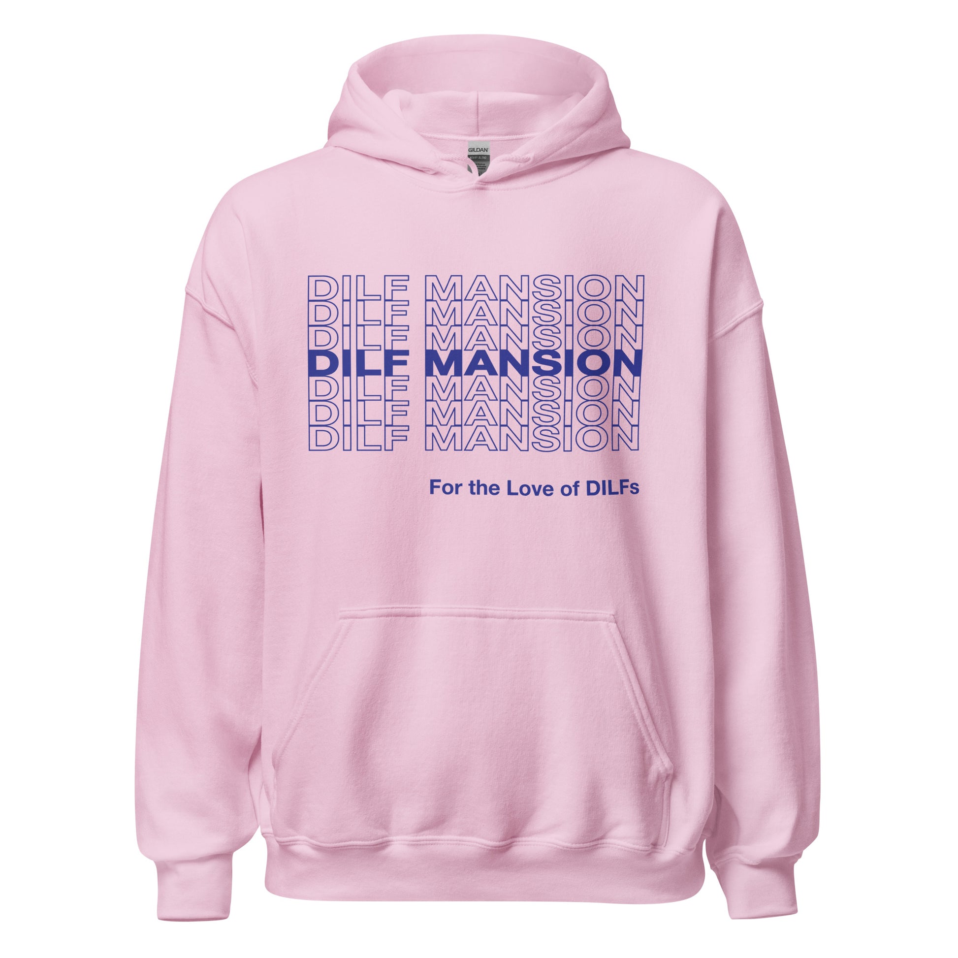 Pink hoodie, Dilf Mansion repeat graphic in blue.