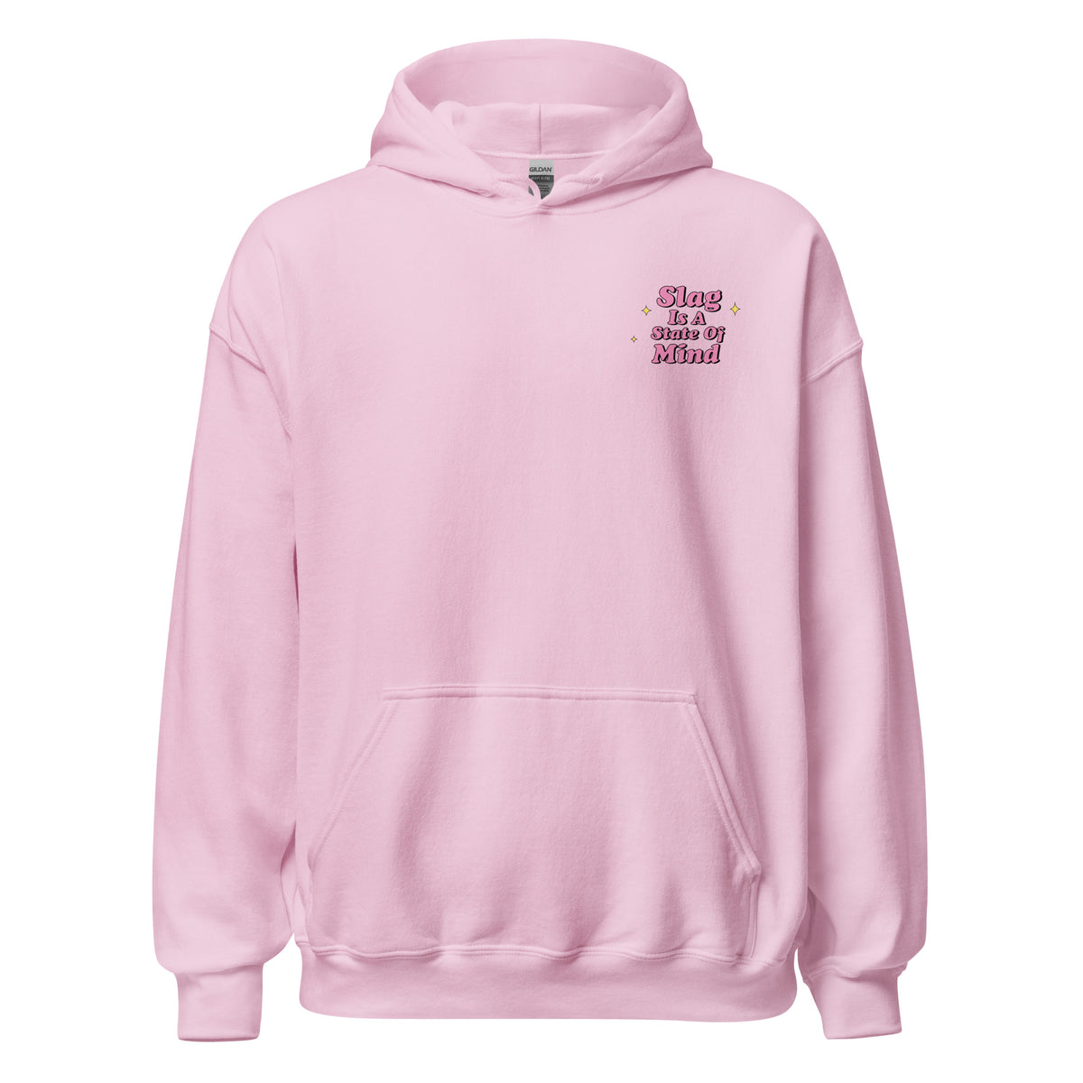 Pink hoodie front, small Slag graphic on left chest.
