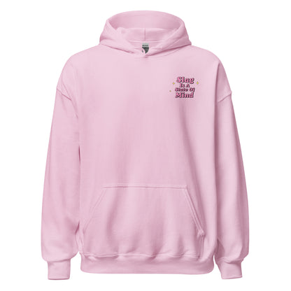 Pink hoodie front, small Slag graphic on left chest.