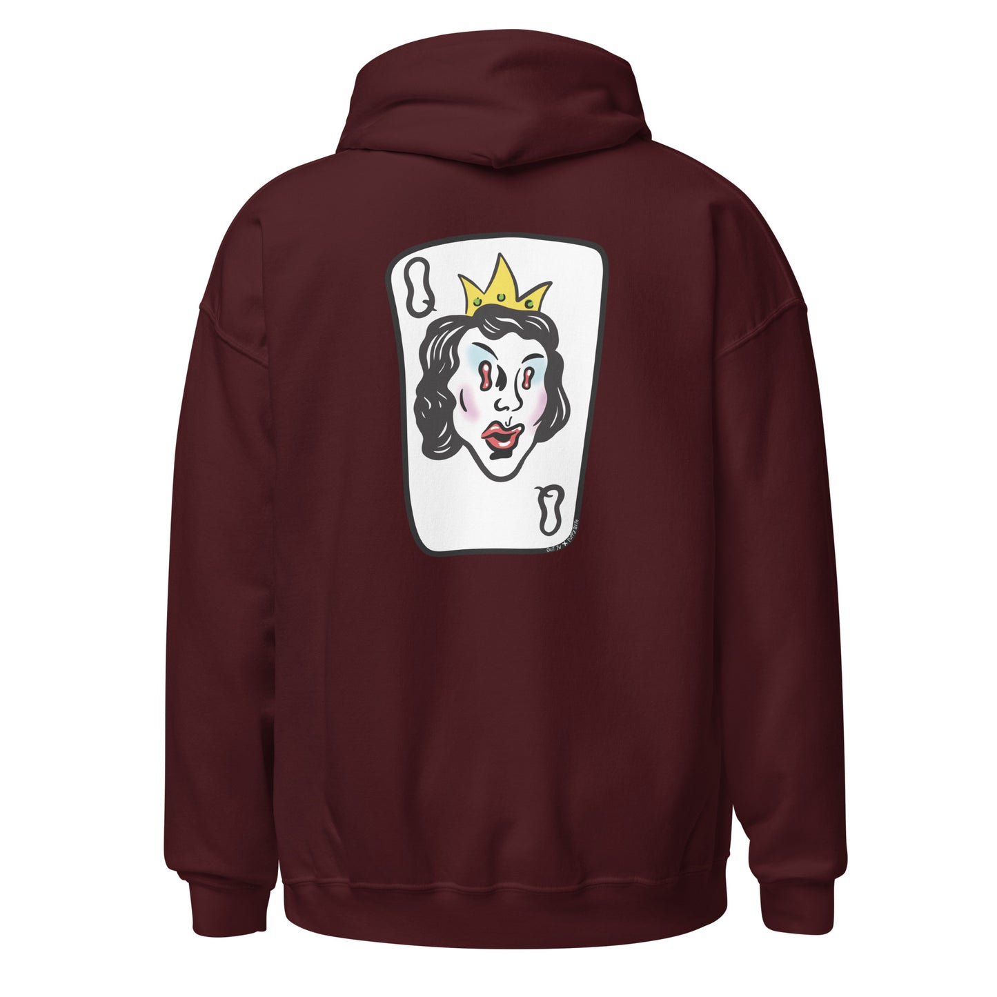 Maroon hoodie back with queen card.