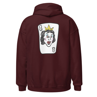 Maroon hoodie back with queen card.